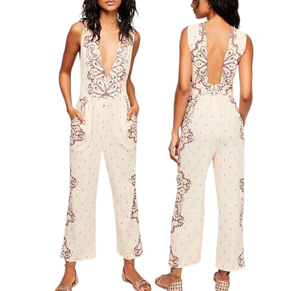 Free People Pants - Free People, Women’s ‘Setting Sun’ Printed Jumpsuit, V-Neck, Boho, Pink X-Small